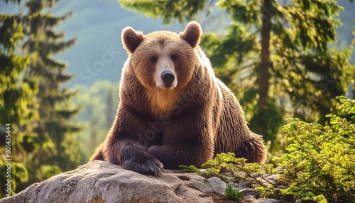 a brown bear sits on a rock in the forest generative aia brown bear in the forest big brown bear bear sits on a rock ursus arctos generative ai photo