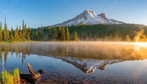 an amazing sunrise show over south sister peak reflected in the cool misty waters of oregon s sparks lake in the three sisters photo