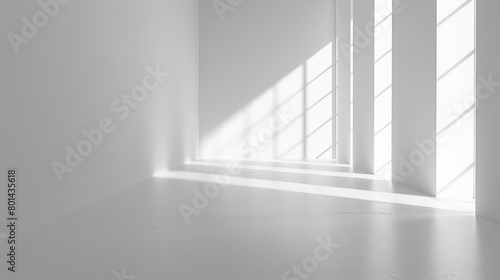 A white room with a window and a light shining through it. The room is empty and has a clean, minimalist look