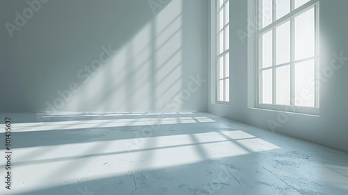 A room with a large window and a white wall. The room is empty and has a very clean and simple look