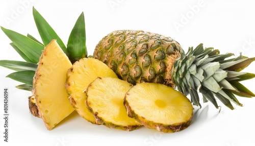 pineapple slices and a whole pineapple on a white background