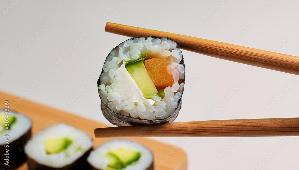 sushi roll held by chopsticks against a white background sushi roll held by chopsticks against a white background