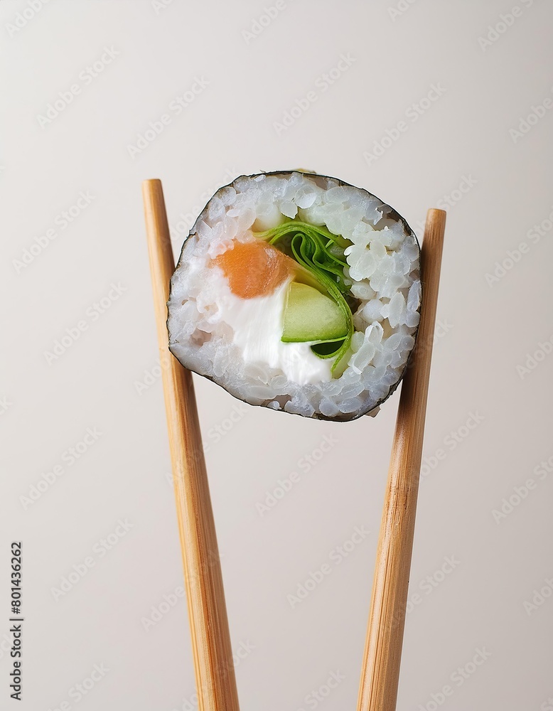 sushi roll held by chopsticks against a white background sushi roll held by chopsticks against a white background