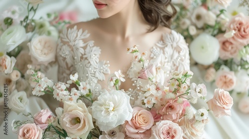 A woman is sitting in front of a bouquet of flowers. The flowers are pink and white, and they are arranged in a vase. The woman is wearing a white dress, and she looks elegant and beautiful