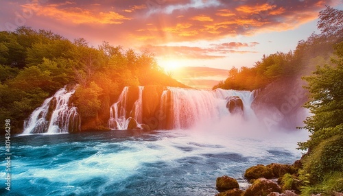waterfall stylized poster at sunset