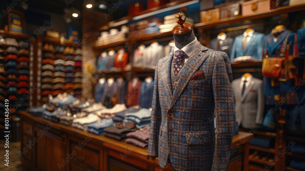 Fashionable mannequin demonstrating a classic men's suit in a respectable showroom, store, men's clothing tailoring studio. Fashionable mannequin demonstrating a classic men's suit in a respectable showroom, store, men's clothing tailoring studio.