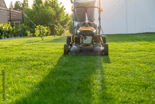 green grass cutting with lawn mower in home garden photo