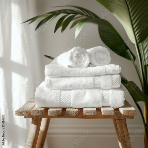 Clean and soft white towels arranged on a table, enhancing the bathroom's hygiene and decor. AI generative photo