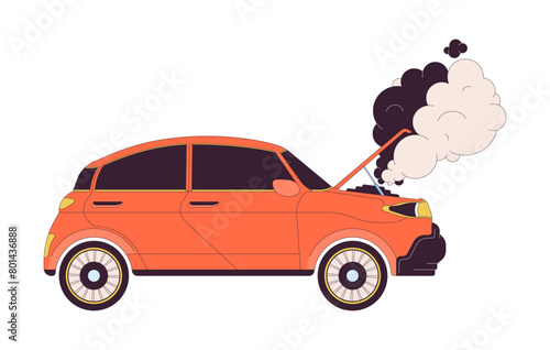 Smoke rising up from broken car 2D linear cartoon object. Auto with fume coming from hood isolated line vector element white background. Vehicle at road accident color flat spot illustration