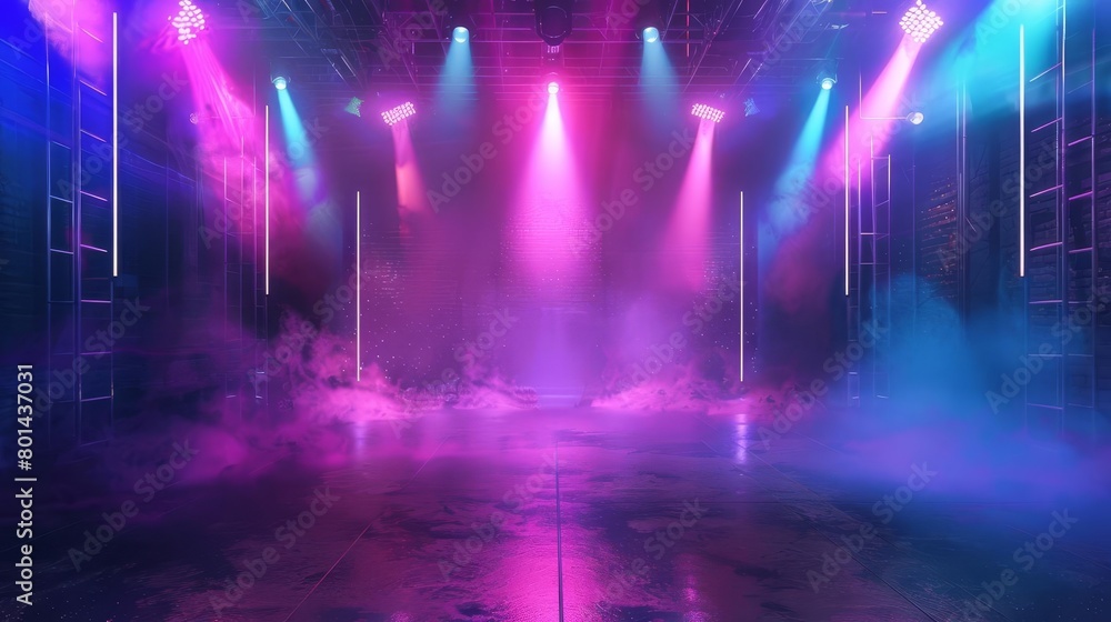 empty stage with colorful lighting laser beams and smoke in dark studio 3d illustration