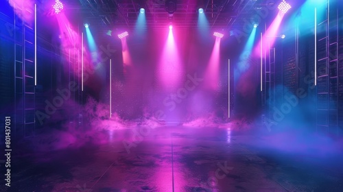 empty stage with colorful lighting laser beams and smoke in dark studio 3d illustration
