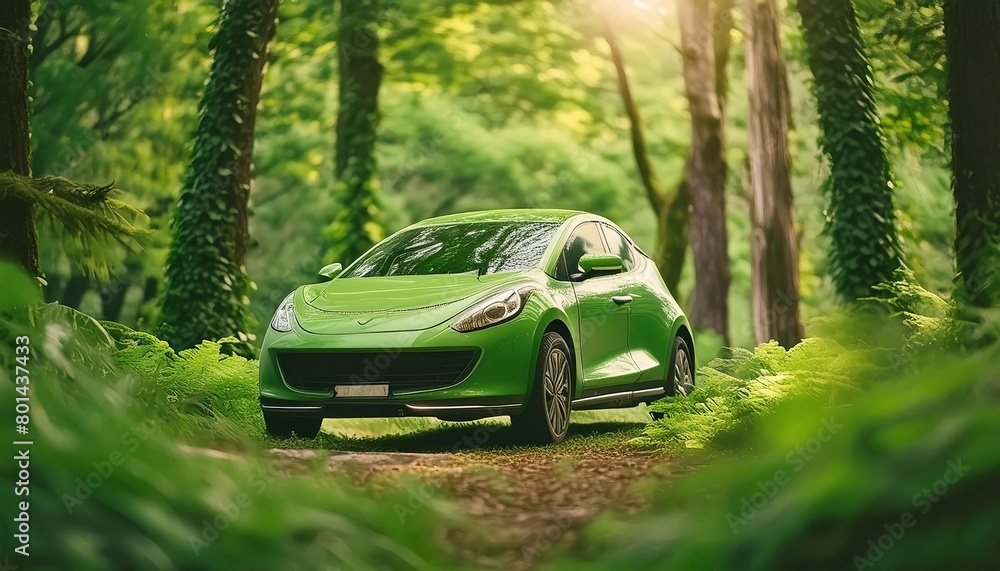 Eco friendly green car amidst lush trees Eco friendly green car amidst lush trees