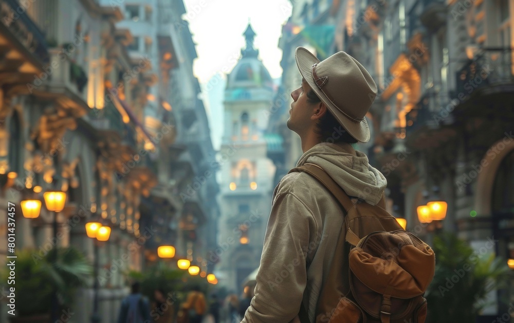 Young Male Traveler in Grandpa Chic Fashion Wanders in an Urban Alley at Dusk - A Vintage-Inspired Journey Young Male Traveler in Grandpa Chic Fashion Wanders in an Urban Alley at Dusk - A Vintage-Inspired Journey