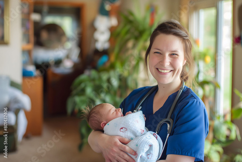 Happy nurse midwife holds newborn baby in arms at hospital. International Nurses Day concept.