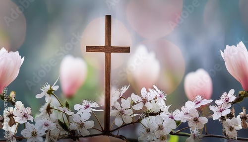 easter illustration banner of a religious cross and flowers generative ai