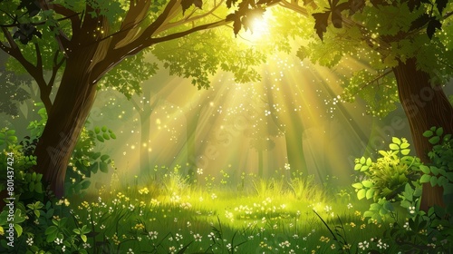 enchanted spring forest glade with lush green foliage and golden sun rays nature landscape vector illustration photo