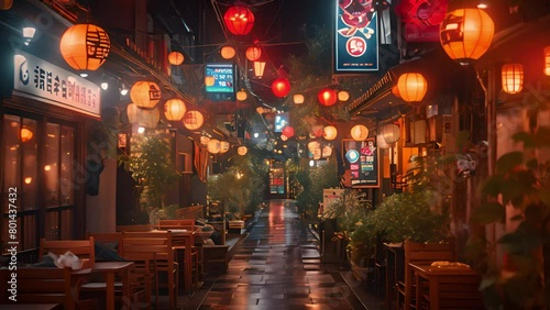 This narrow street lined with lanterns hanging from the ceiling. photo