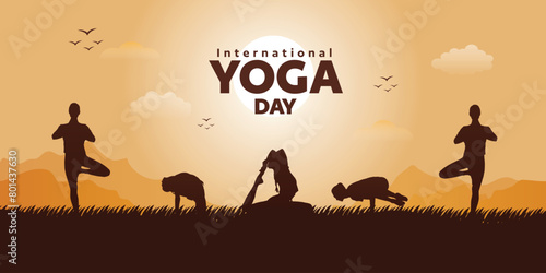 International Yoga Day wishes or greeting banner poster design with sunset, birds, grass, and mountain, view, background, design, social, media, 21st june wishing, poster, banner, vector, illustration