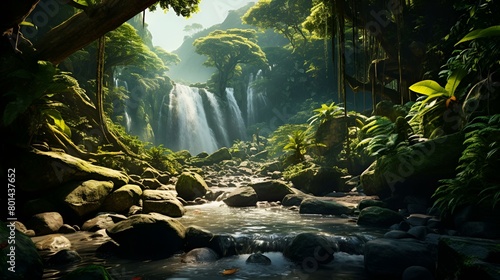  A serene jungle waterfall surrounded by rocks and trees