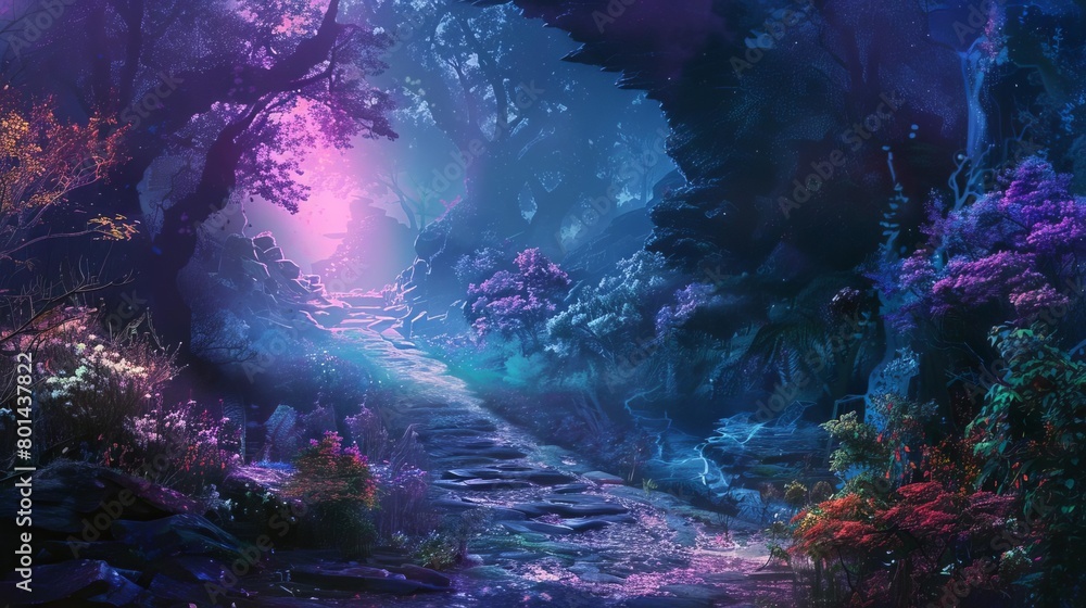 enchanting fantasy landscape with a path winding through a mystical forest digital illustration