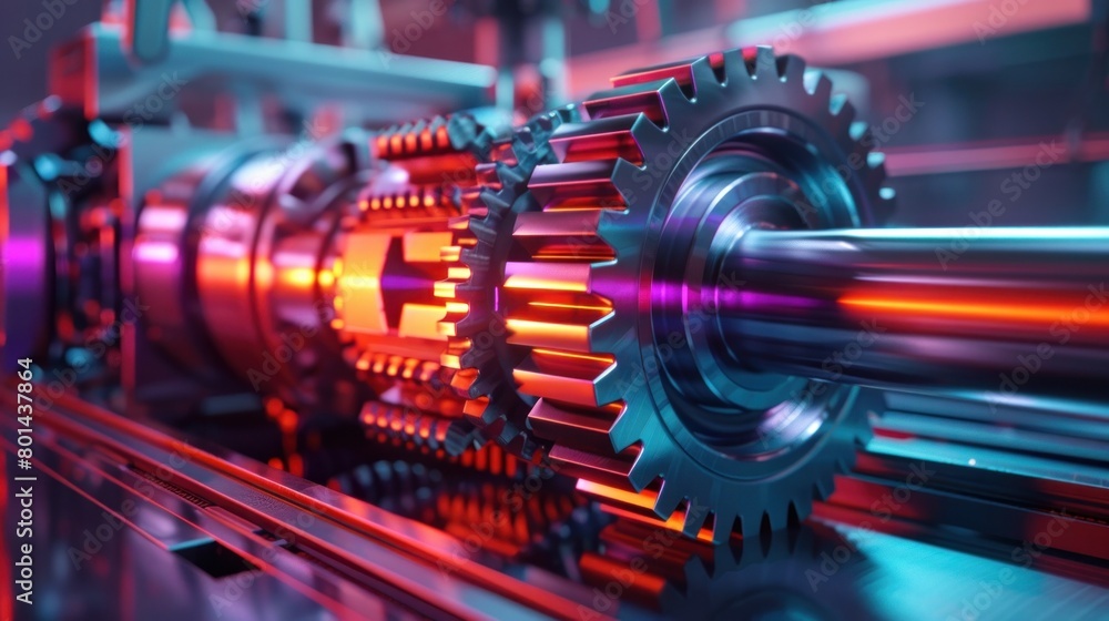 Colorful Lighting Illuminates Precise Gear Shaping Machine in D Rendered Factory