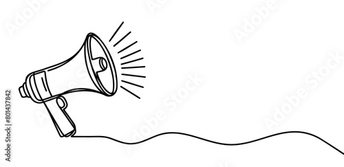 One line drawing megaphone. Loudspeaker in continuous lines style. Symbol of sale, hiring or event announcement