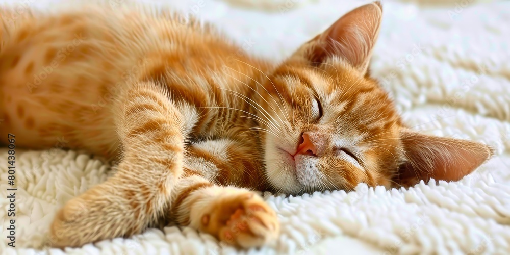 Ginger tabby cat asleep, sun-kissed fur glowing against plush white bedding, a picture of peaceful comfort—ideal for warm, homey themes.