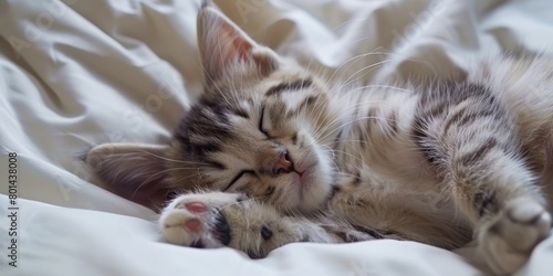 Tabby kitten dozes in pure bliss, snuggled in soft white bedding, whiskers twitching gently in slumber, the picture of peaceful comfort.