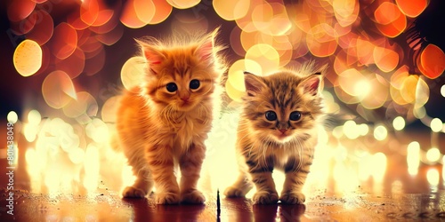 Ginger and tabby kittens with glowing eyes, playful paws poised, bask in soft light amid sparkling bokeh—every whisker alive with curiosity.
