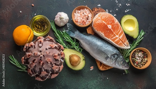 selection food for carnivore diet seafood meat megs and fat zero carbs diet concept photo