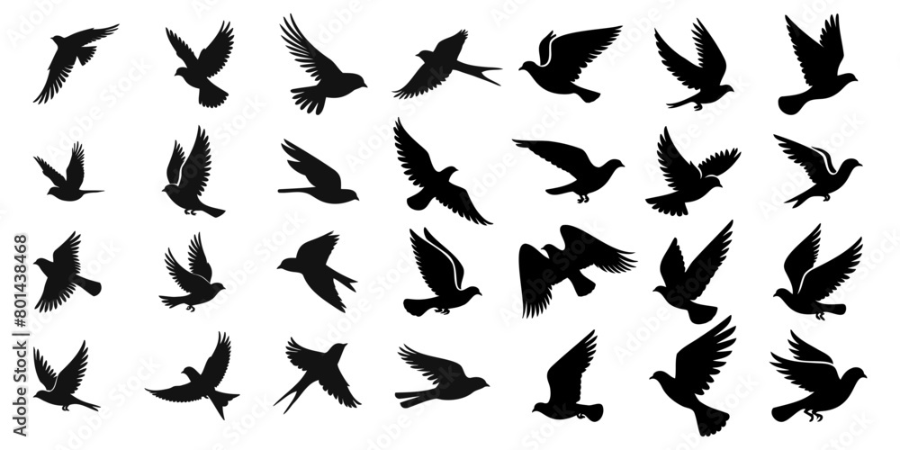 Set of silhouettes of flying birds in a flat style on a white background. Vector illustration Set of silhouettes of flying birds in a flat style on a white background. Vector illustration