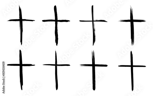 Set of hand-drawn black grunge cross icons, collection of simple Christian cross signs
