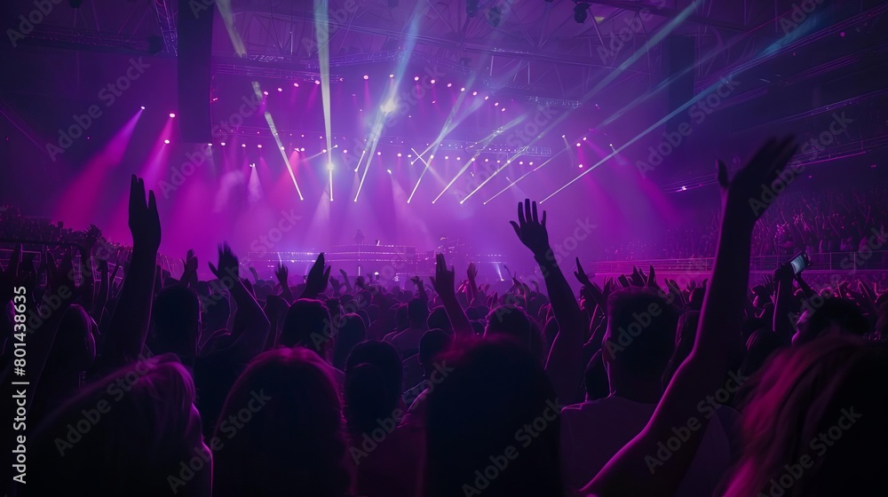 excited crowd at arena concert illuminated stage with purple lasers 4k video