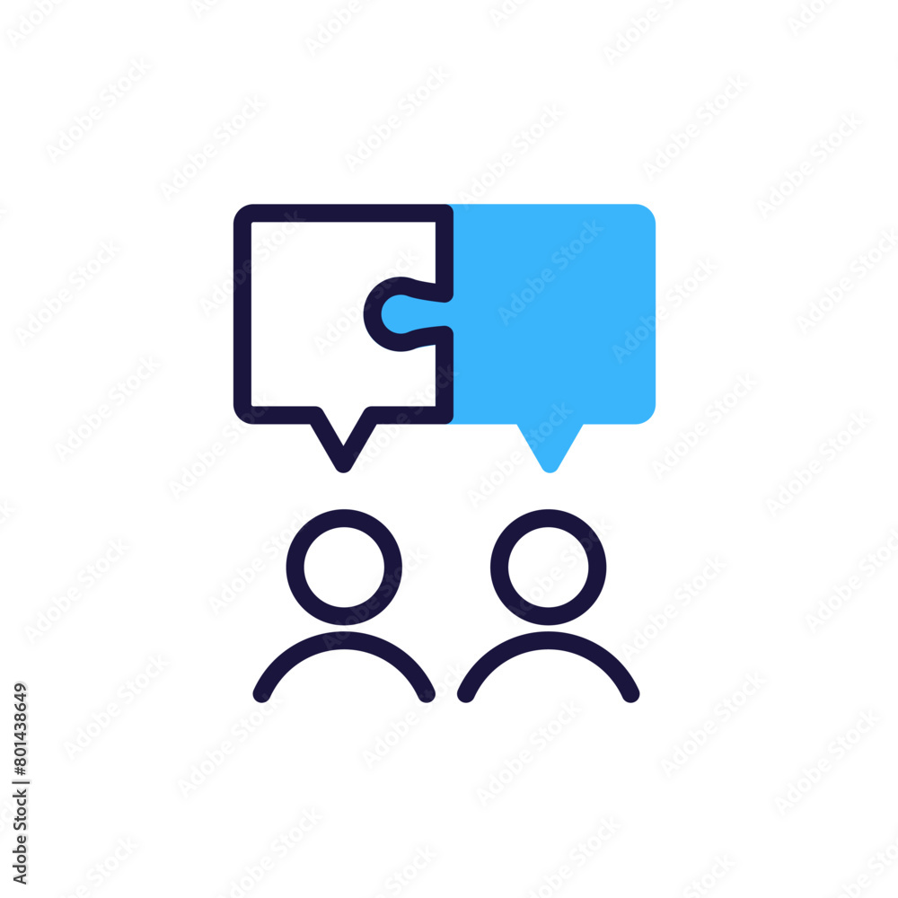 Naklejka premium puzzle pieces connected as speech bubbles above two people speaking. Vector illustration for teamwork, communication, partnership