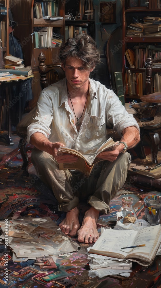 Young painter reading on the ground in his studio Young painter reading on the ground in his studio