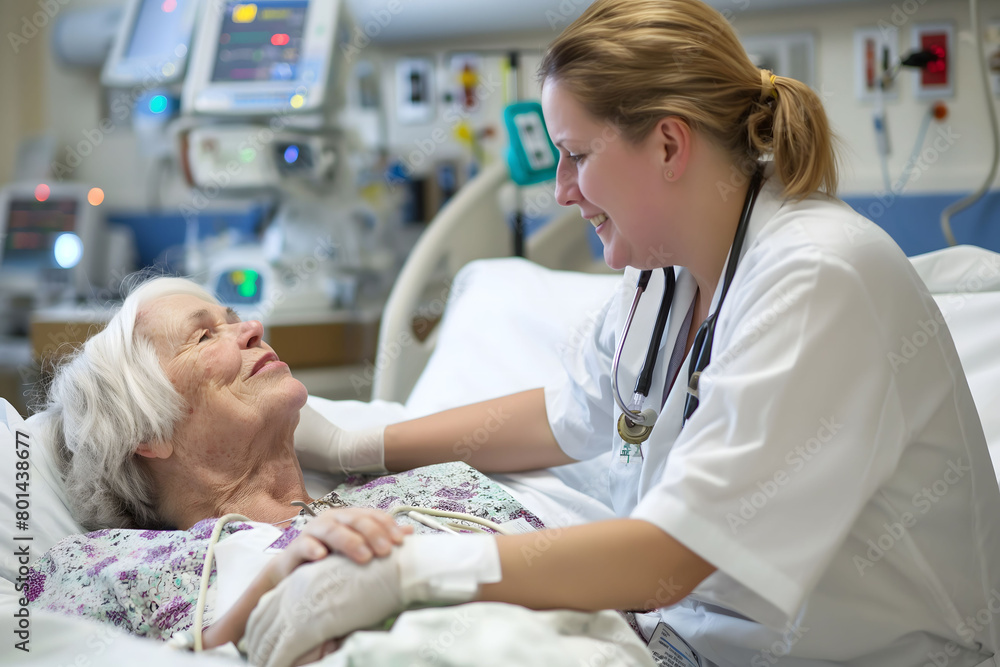 Obraz premium Nurse take care of old senior sick woman patient at hospital room. International Nurses Day concept.