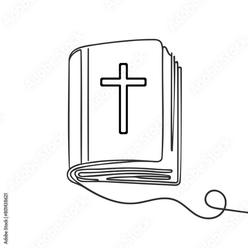 Continuous one line drawing silhouette of Bible. Bible linear icon. One line drawing background. Vector illustration.