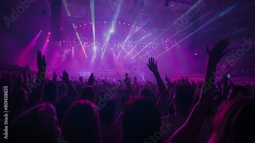 excited crowd at arena concert illuminated stage with purple lasers 4k video © Bijac