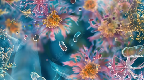 microscopic imagery of healthy gut flora, flowers like, bacteria and healthy microbes photo