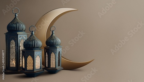 modern 3d greeting card islamic holiday banner suitable for ramadan raya hari eid al adha and mawlid attributes of a mosque a crescent and a lit lantern on a beige background with empty space photo