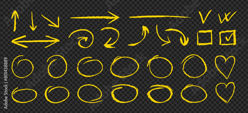 Set of yellow freehand design element drawn by chalk on transparent background. Collection of vector grunge arrows and ellipse. Vector horizontal chalk elements for notes, highlighting
