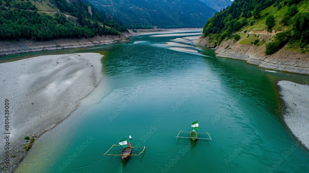 A serene river flowing through the countryside, reflecting the colors of the Pakistani flag in its crystal-clear waters, with boats adorned with flags gliding peacefully

