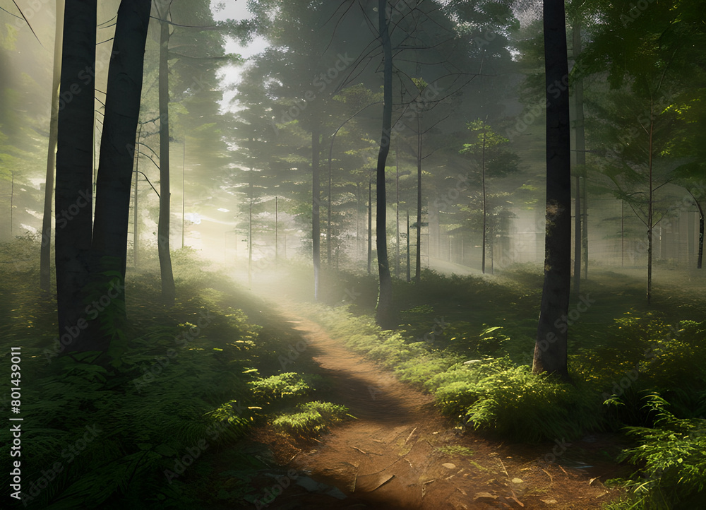 Forest beautiful atmospheric landscape, green forest, with lush greenery, generative ai Forest beautiful atmospheric landscape, green forest, with lush greenery, generative ai