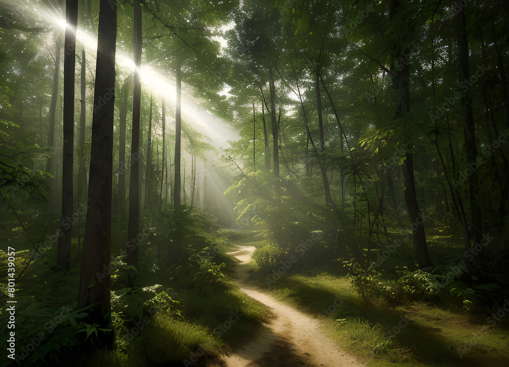 Fototapeta premium Forest beautiful atmospheric landscape, green forest, with lush greenery, generative ai
