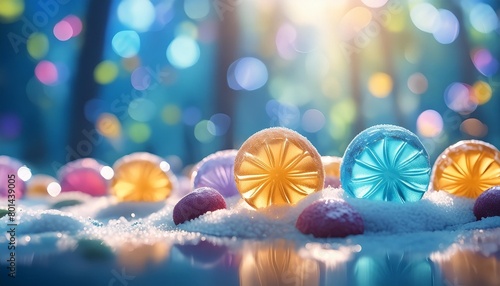 blue background with colorful candies jelly sugar in sunlight