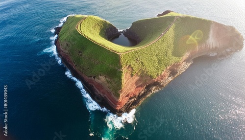 aerial shot drone point of view of picturesque islet of vila franca do campo sao miguel island azores portugal heart carved by nature bird eye view travel attraction and natural wonders concept photo