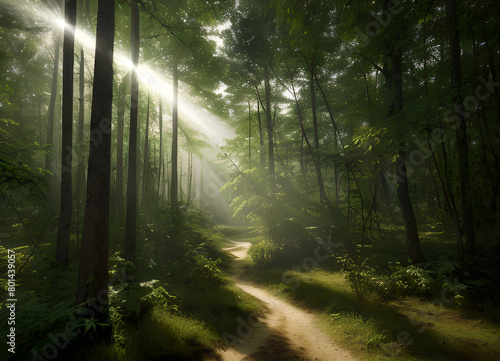 Forest beautiful atmospheric landscape, green forest, with lush greenery, generative ai