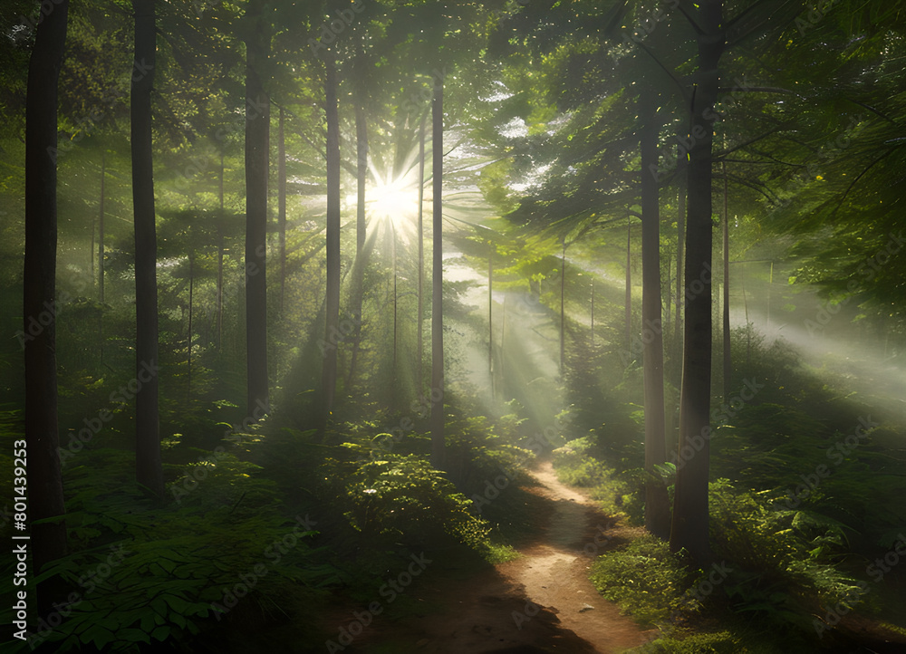 Obraz premium Forest beautiful atmospheric landscape, green forest, with lush greenery, generative ai