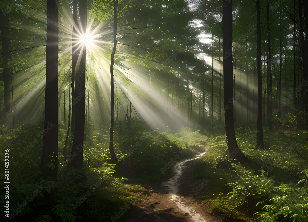 Obraz premium Forest beautiful atmospheric landscape, green forest, with lush greenery, generative ai
