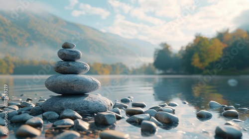 3D render of a smooth pebble stack by a serene lake  minimalist Zen